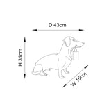 Bevworth Table Lamp in Black: dachshund-shaped resin base with matt black E27 lamp holder, line drawing showing H31cm, D43cm, W15cm dimensions.