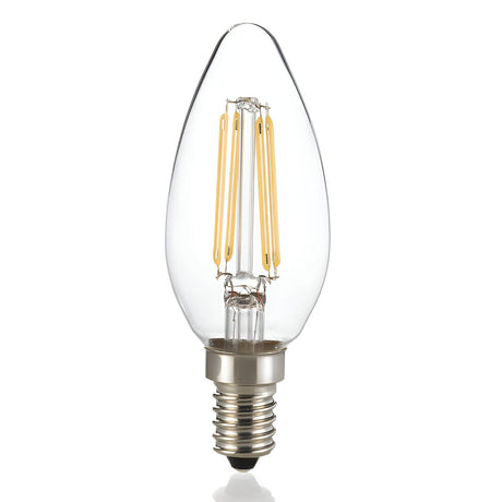 The 4W Non-Dimmable CRI80 LED Candle Filament Bulb, featuring a clear design and E14 silver screw base, is displayed against a plain white background. This energy-efficient bulb has four vertically arranged visible filaments and emits a warm illumination with a 3000K colour temperature.