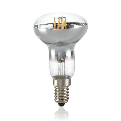 The 4W Non-Dimmable R50 LED Reflector Bulb - Chrome, E14, 3000K is showcased against a white background, featuring a clear bulb with a chrome finish and screw base. Its exposed internal components enhance its sleek, modern design, providing warm lighting suitable for any space.