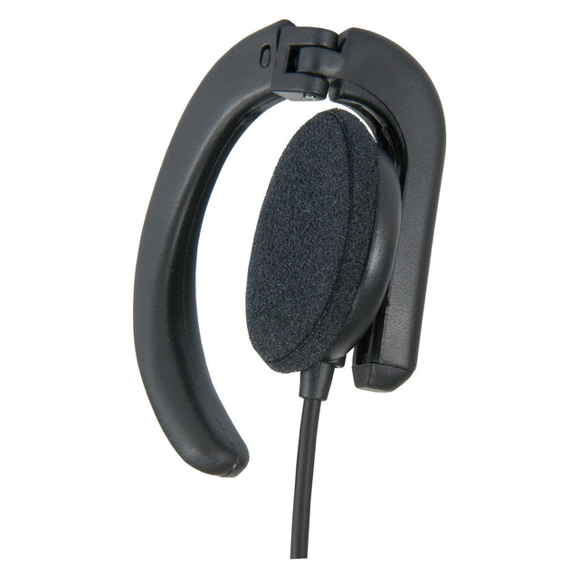 The AV:Link ME22 Mono Earphone - Black is a single black over-ear, clip-on earphone featuring a padded ear cushion and cord, crafted for comfortable listening and crystal-clear sound.