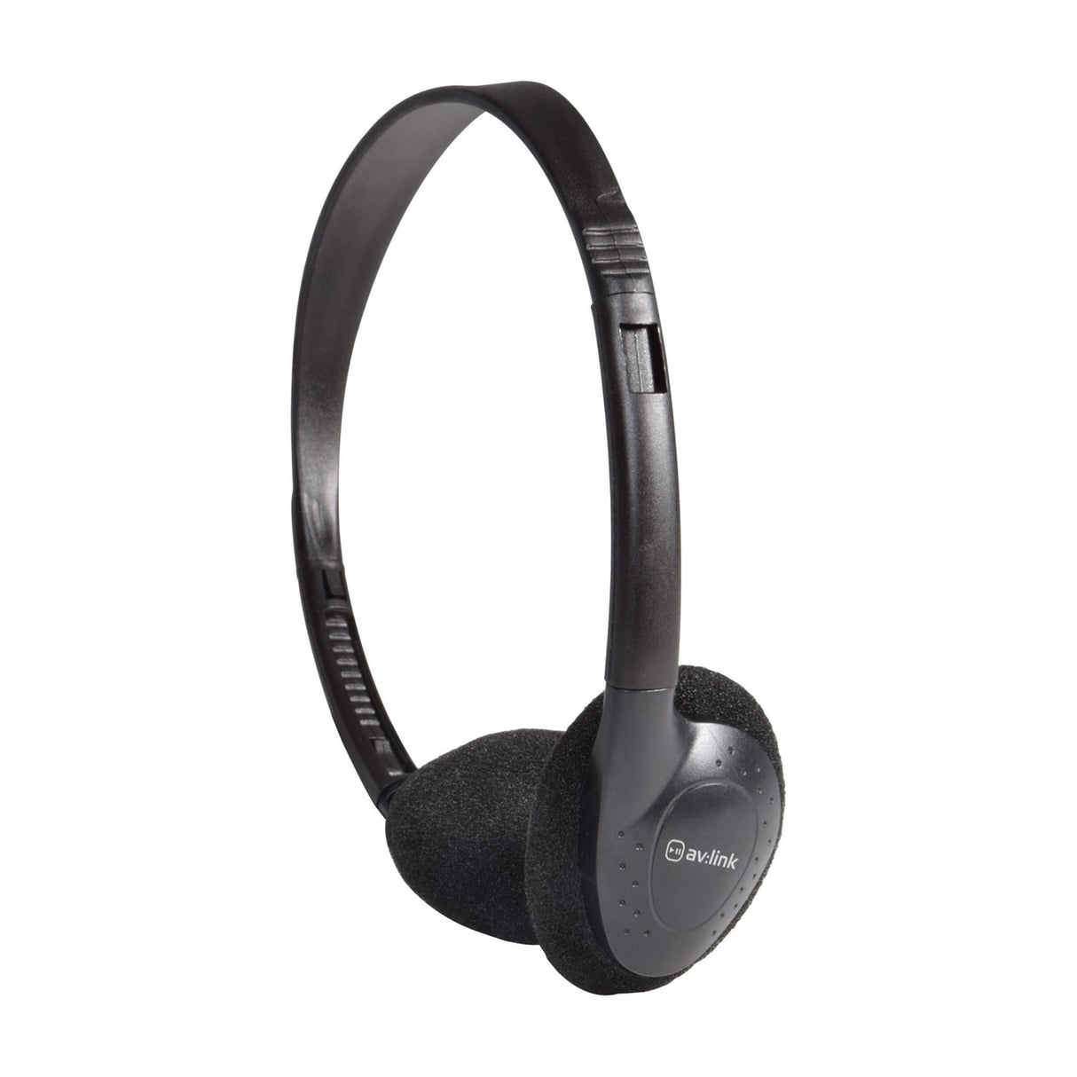 AV:Link SH30T stereo TV headphones in black with adjustable headband, foam earpads and wired earcup, shown on a plain white background.
