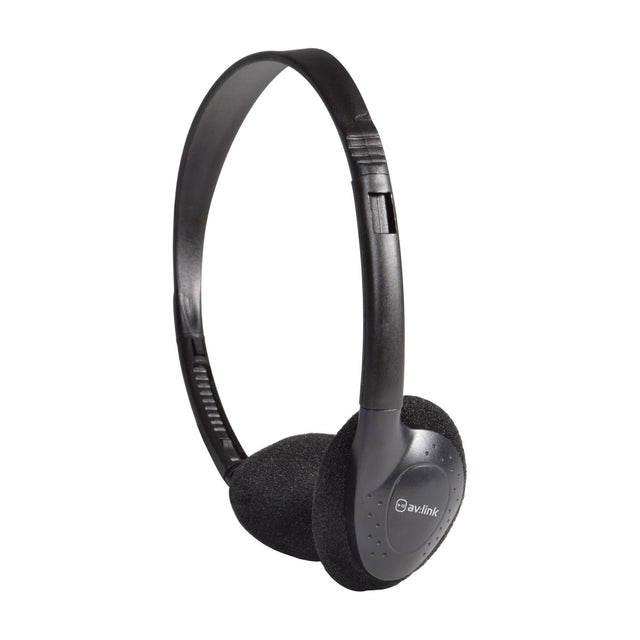 AV:Link SH30T stereo TV headphones in black with adjustable headband, foam earpads and wired earcup, shown on a plain white background.