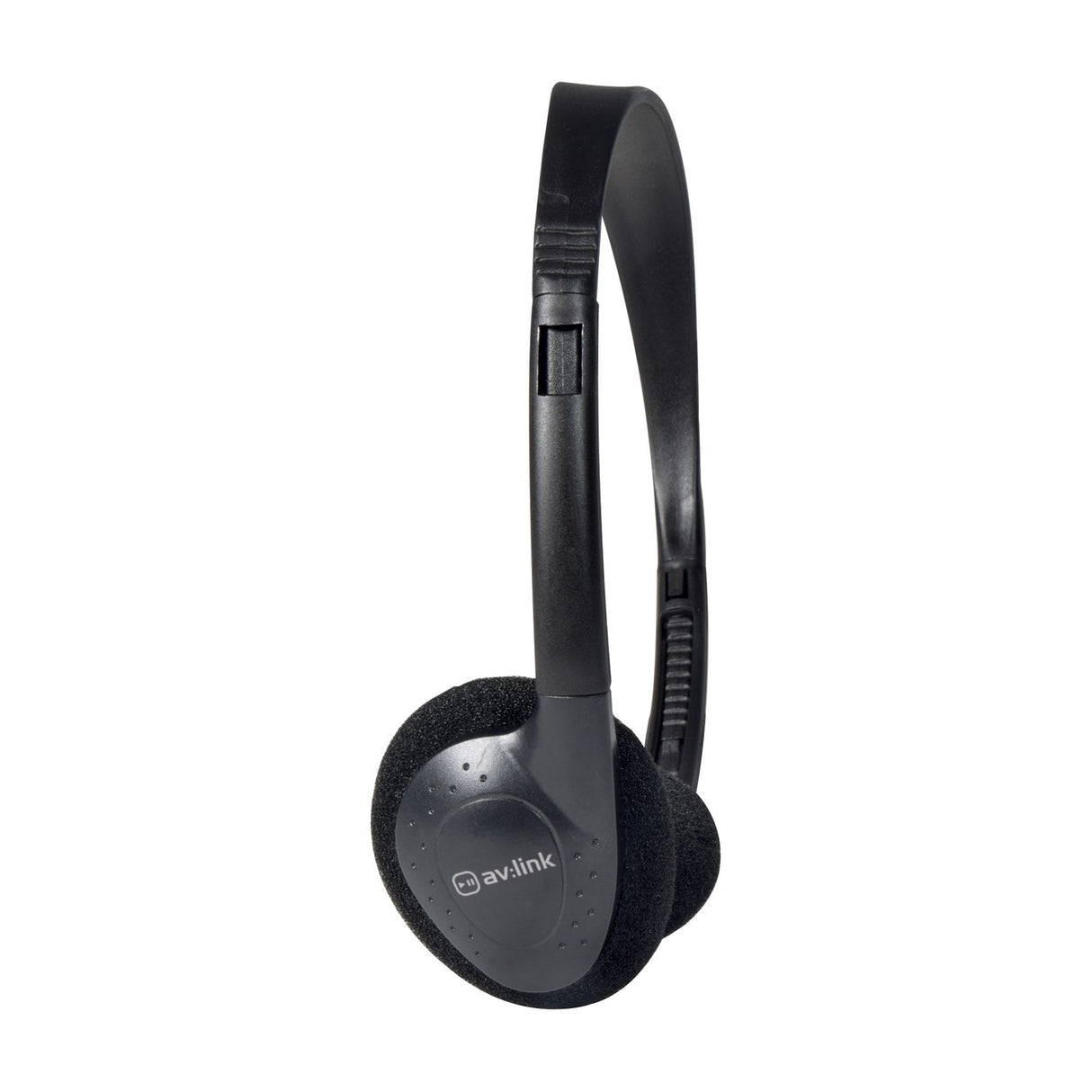 AV:Link SH30T stereo TV headphones in black with padded earcups and adjustable headband, shown side-on against a plain white background.