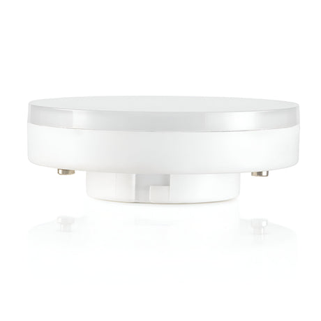 A white, round, ceiling-mounted LED light fixture is displayed against a plain background. It houses a 7W GX53 Non-Dimmable LED Bulb, featuring a smooth surface with a slightly raised center. This fixture provides energy-efficient lighting with a soft 3000K color temperature and offers 600 lumens of brightness.