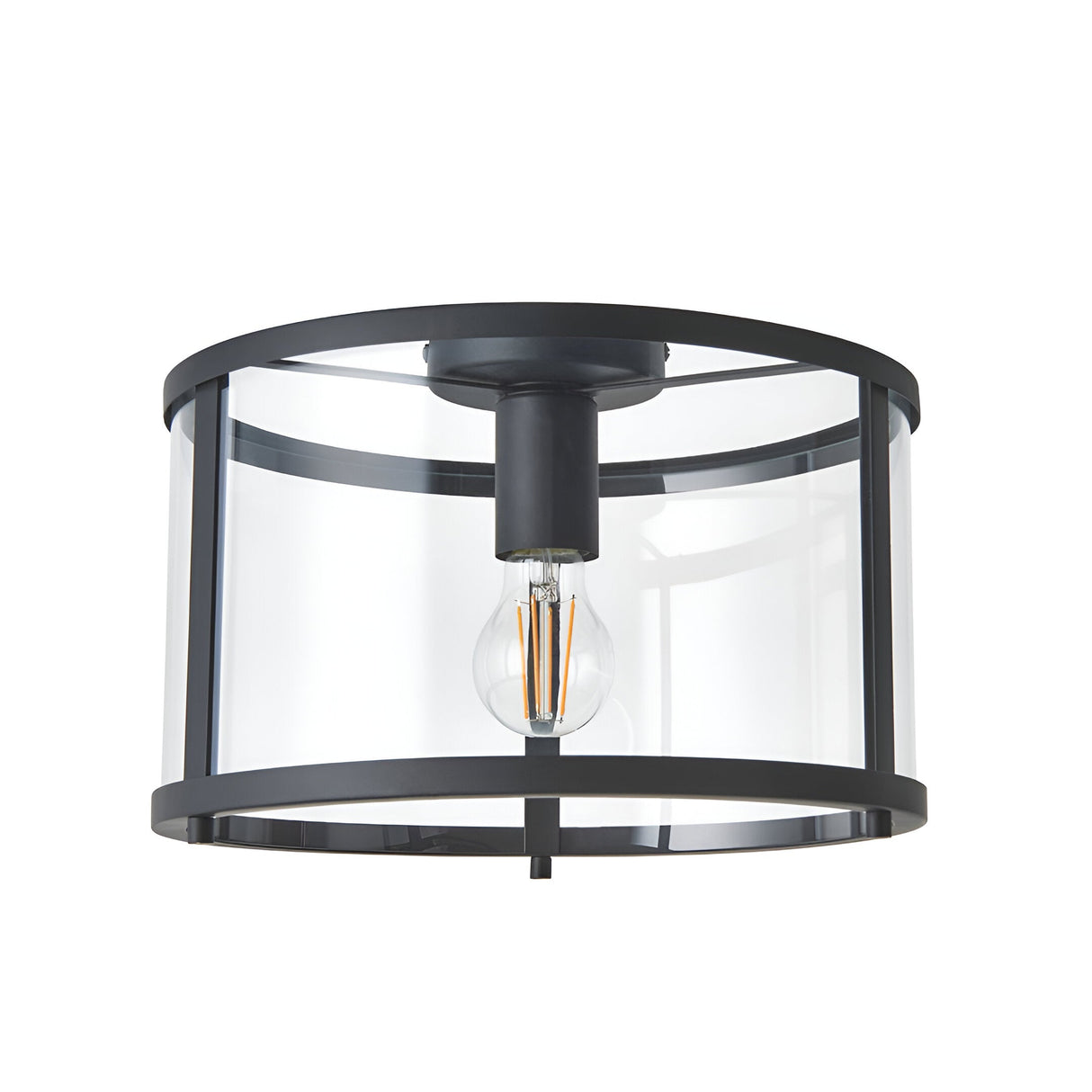 Endon Ellery flush ceiling light in black with a cylindrical glass shade and single E27 filament bulb, shown on a plain white background.