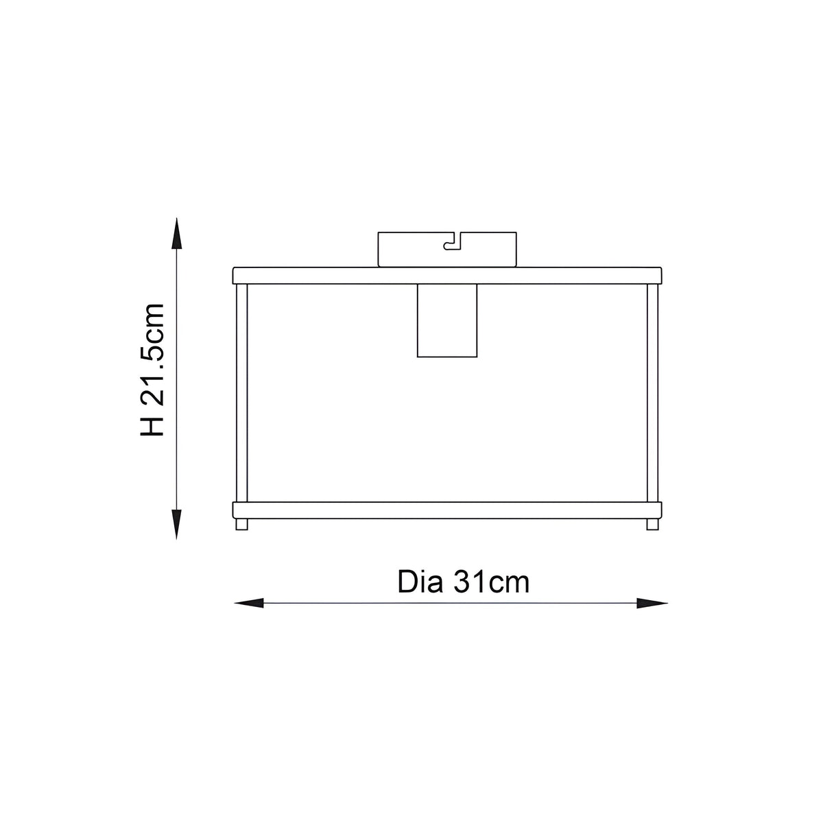 Dimension diagram of the Endon Ellery flush ceiling light in black, showing a height of 21.5cm and diameter of 31cm on a white background.