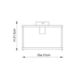 Dimension diagram of the Endon Ellery flush ceiling light in black, showing a height of 21.5cm and diameter of 31cm on a white background.