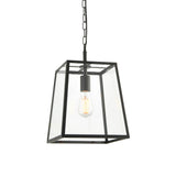 Brenton Lantern Pendant in black, a tapered box-frame ceiling light with clear glass panels and exposed filament bulb, hung from a chain.