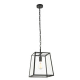 Brenton Lantern Pendant in black, a tapered box-style glass and metal shade on a black chain, shown with a filament bulb against a plain white background.