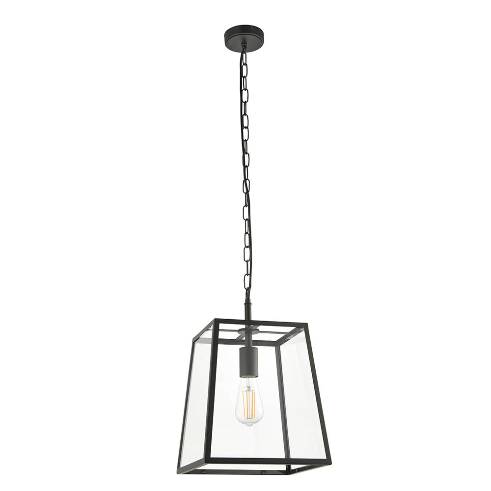 Black Brenton Lantern Pendant, a tapered box-frame ceiling light with clear glass panels and an E27 filament bulb, hung on a chain.