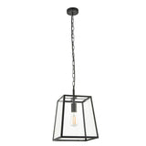 Black Brenton Lantern Pendant, a tapered box-frame ceiling light with clear glass panels and an E27 filament bulb, hung on a chain.