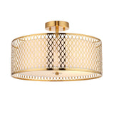 Endon Rosaline 3 light flush ceiling light in gold, drum shape with pierced oval metal lattice and inner fabric shade, on a plain white background.