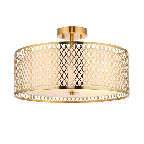 Endon Rosaline 3 light flush ceiling light in gold, drum shape with pierced oval metal lattice and inner fabric shade, on a plain white background.