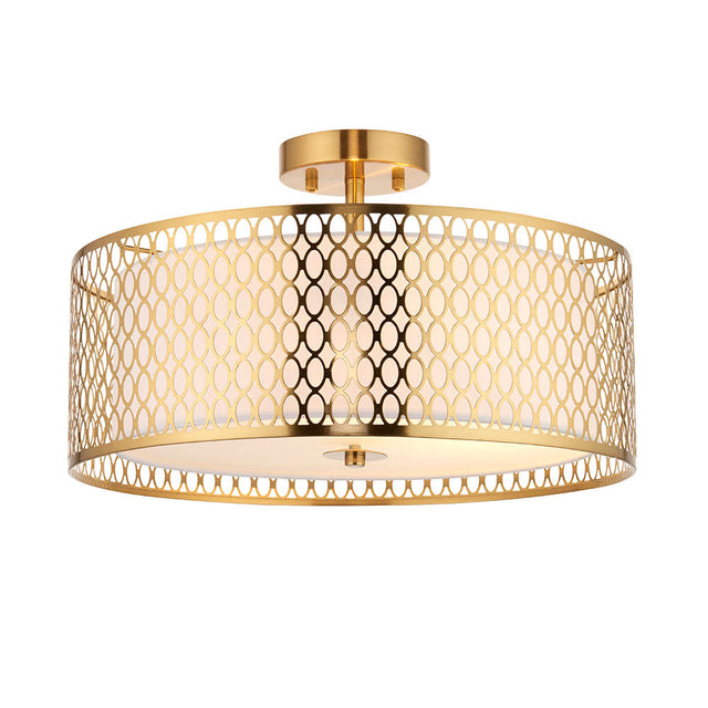 Endon Rosaline 3 light flush ceiling light in gold, drum shape with pierced oval metal lattice and inner fabric shade, on a plain white background.