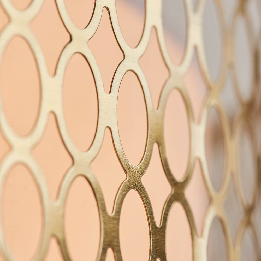 Close-up of the Endon Rosaline 3 Light Flush Ceiling Light in gold, showing the interlocking oval metal lattice pattern with a brushed finish.