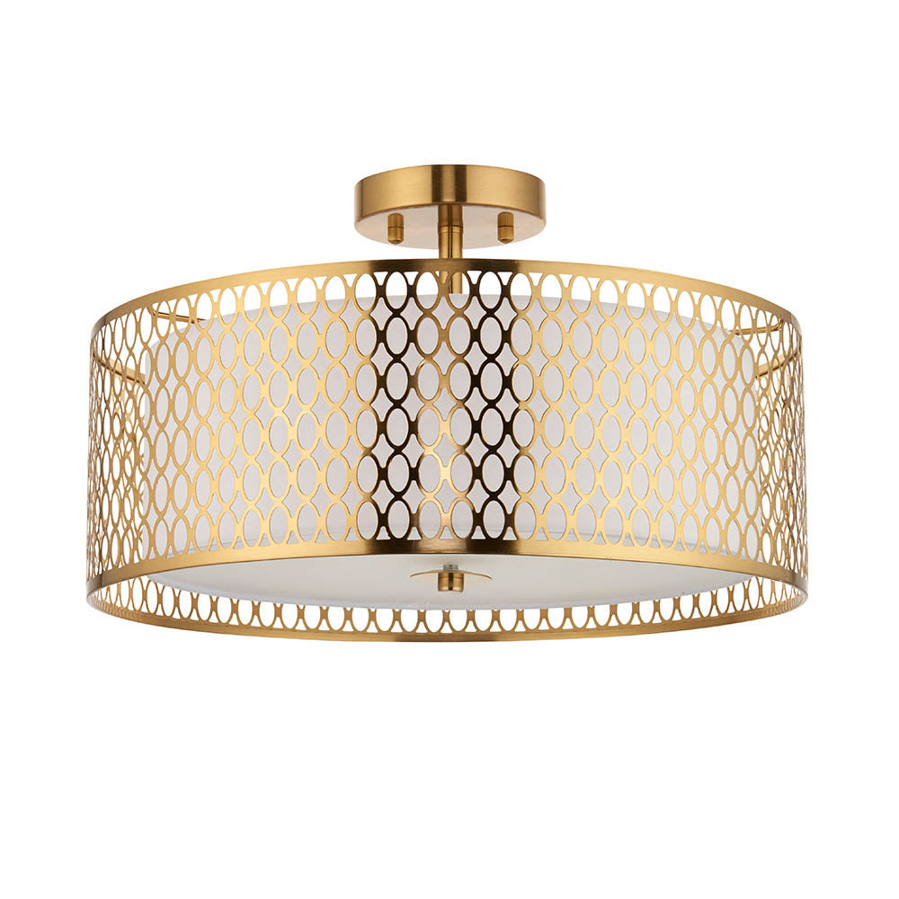 Endon Rosaline 3 Light Flush Ceiling Light in gold with a circular perforated drum shade and fabric inner, shown on a plain white background.