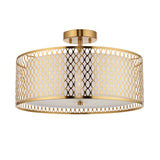 Endon Rosaline 3 Light Flush Ceiling Light in gold with a circular perforated drum shade and fabric inner, shown on a plain white background.