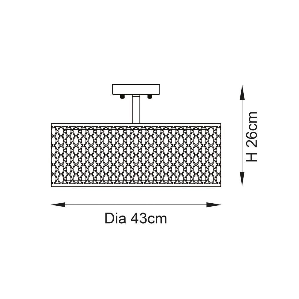 Dimension diagram of the Endon Rosaline 3 Light Flush Ceiling Light showing 43cm diameter and 26cm height on a plain white background.