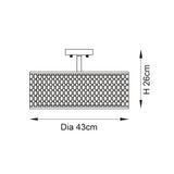 Dimension diagram of the Endon Rosaline 3 Light Flush Ceiling Light showing 43cm diameter and 26cm height on a plain white background.
