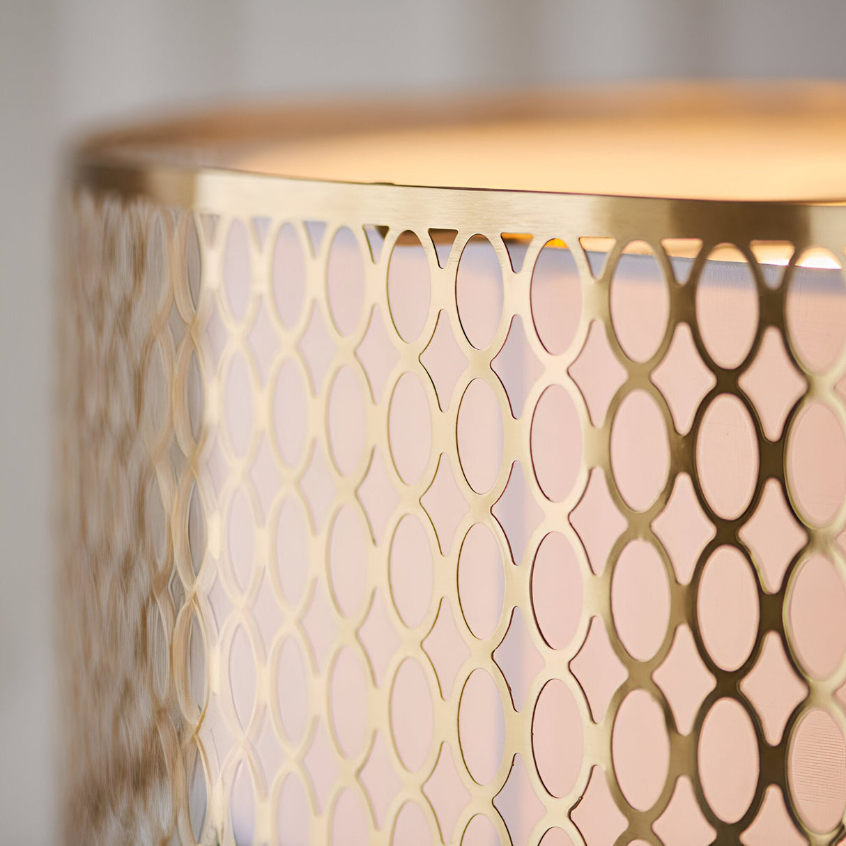 Close-up of the Rosaline 3 Light Pendant showing gold fretwork with an ovoid pattern over a white fabric inner shade.