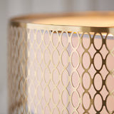 Close-up of the Rosaline 3 Light Pendant showing gold fretwork with an ovoid pattern over a white fabric inner shade.