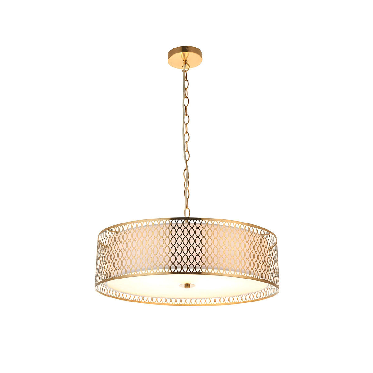 Rosaline 3 Light Pendant in gold, drum-shaped fretwork shade with white fabric inner and frosted glass diffuser, hung from a chain on white background.