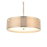 Rosaline 3-light pendant with gold fretwork metalwork, white fabric inner shade, and frosted glass diffuser, hung on a gold chain.