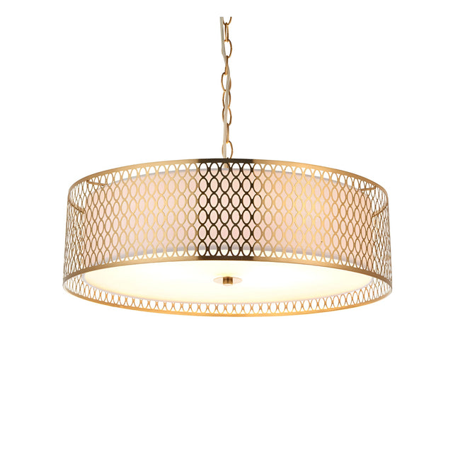 Rosaline 3-light pendant with gold fretwork metalwork, white fabric inner shade, and frosted glass diffuser, hung on a gold chain.