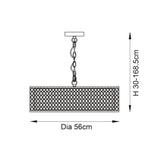 Technical line drawing of the Rosaline 3 Light Pendant with a cylindrical fretwork drum shade on an adjustable chain, 56cm diameter, 30-168.5cm drop.