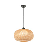 Endon Aldstead Globe Pendant in natural woven rattan with a rounded shade, matt black ceiling fitting and flex, shown on a plain white background.