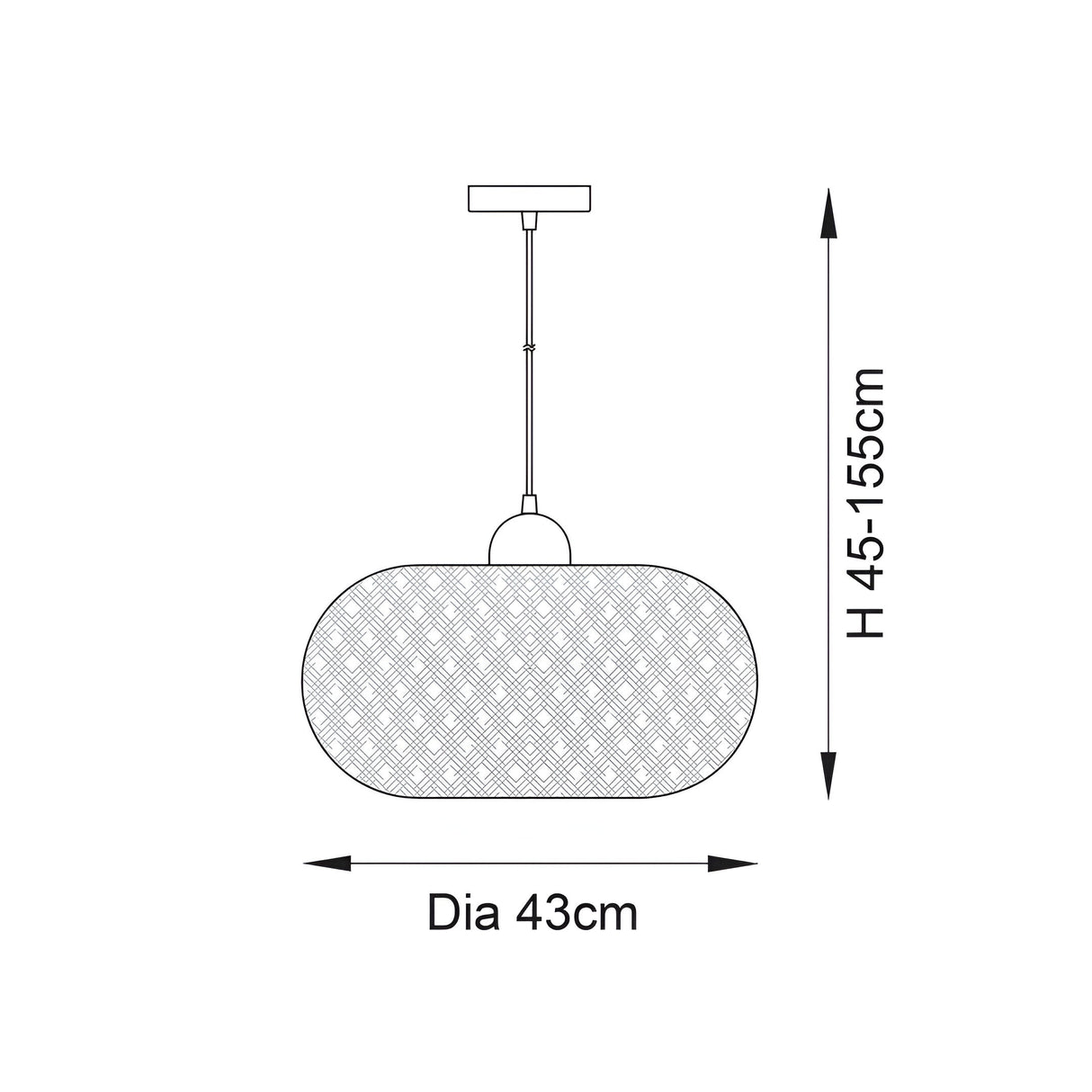 Dimension diagram of Endon Aldstead Globe Pendant in natural, showing 43cm diameter shade and adjustable 45–155cm drop height.