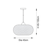 Dimension diagram of Endon Aldstead Globe Pendant in natural, showing 43cm diameter shade and adjustable 45–155cm drop height.