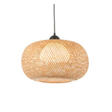 Endon Aldstead Globe Pendant in natural woven rattan with a rounded shade, white inner diffuser and matt black ceiling fitting on a black flex.