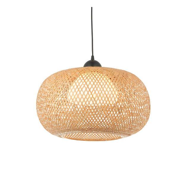 Endon Aldstead Globe Pendant in natural woven rattan with a rounded shade, white inner diffuser and matt black ceiling fitting on a black flex.