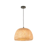 Aldstead Oval Pendant in natural woven rattan with a domed shade, matt black ceiling rose and cable, shown on a plain white background.
