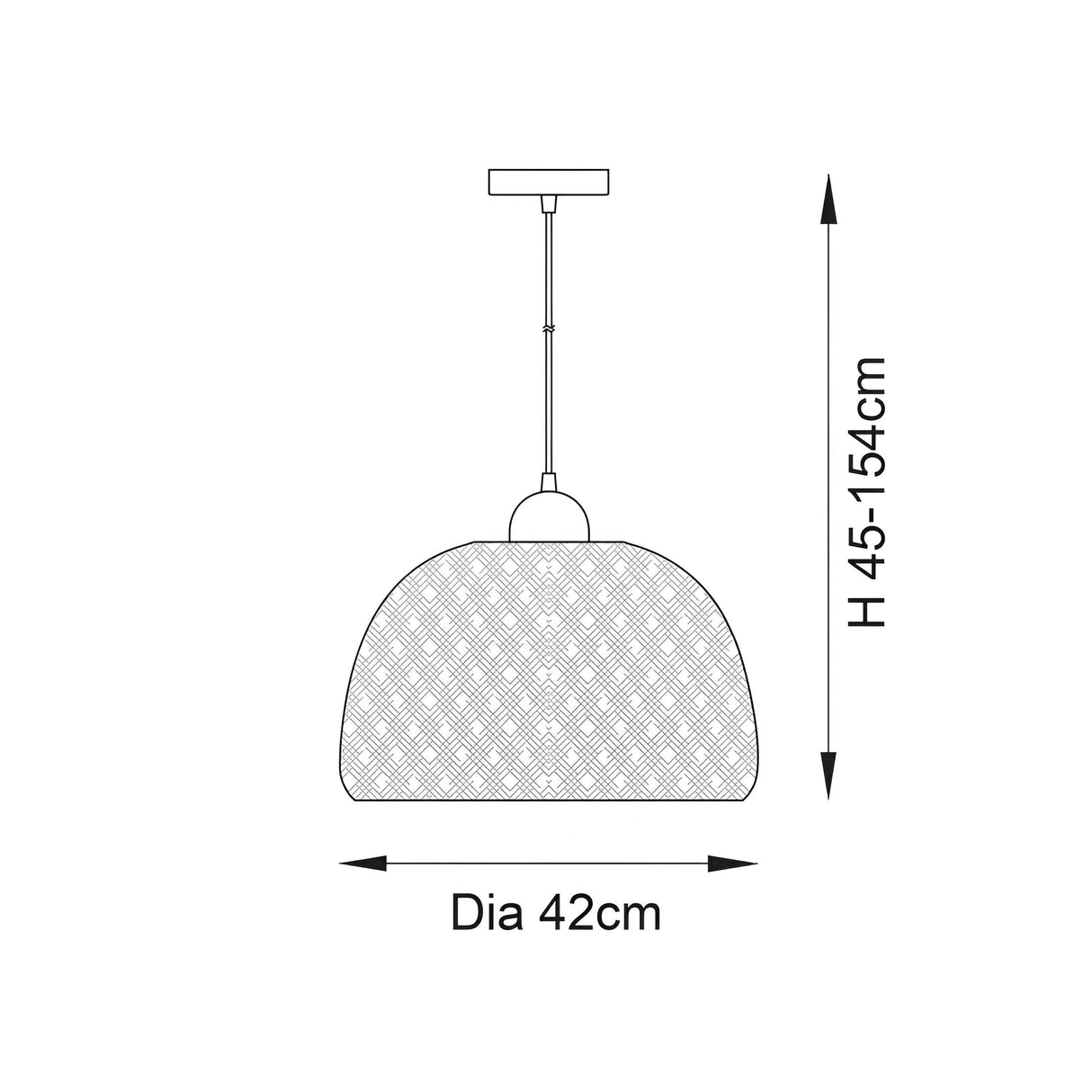 Line drawing of the Aldstead Oval Pendant showing dome-shaped woven shade, ceiling plate, adjustable cord, and dimensions: 42cm diameter, 45-154cm height.