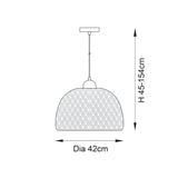 Line drawing of the Aldstead Oval Pendant showing dome-shaped woven shade, ceiling plate, adjustable cord, and dimensions: 42cm diameter, 45-154cm height.
