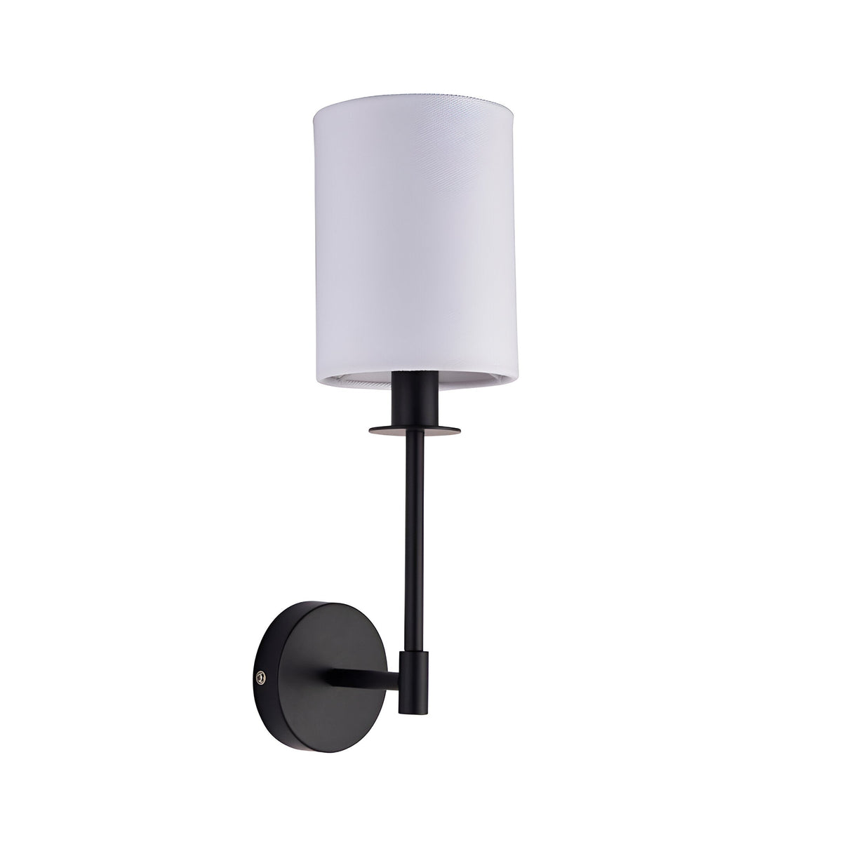 Endon Cliffhurst wall light with slim matt black upright, round backplate and vintage white cylinder fabric shade, shown on a plain white background.
