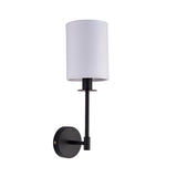 Endon Cliffhurst wall light with slim matt black upright, round backplate and vintage white cylinder fabric shade, shown on a plain white background.
