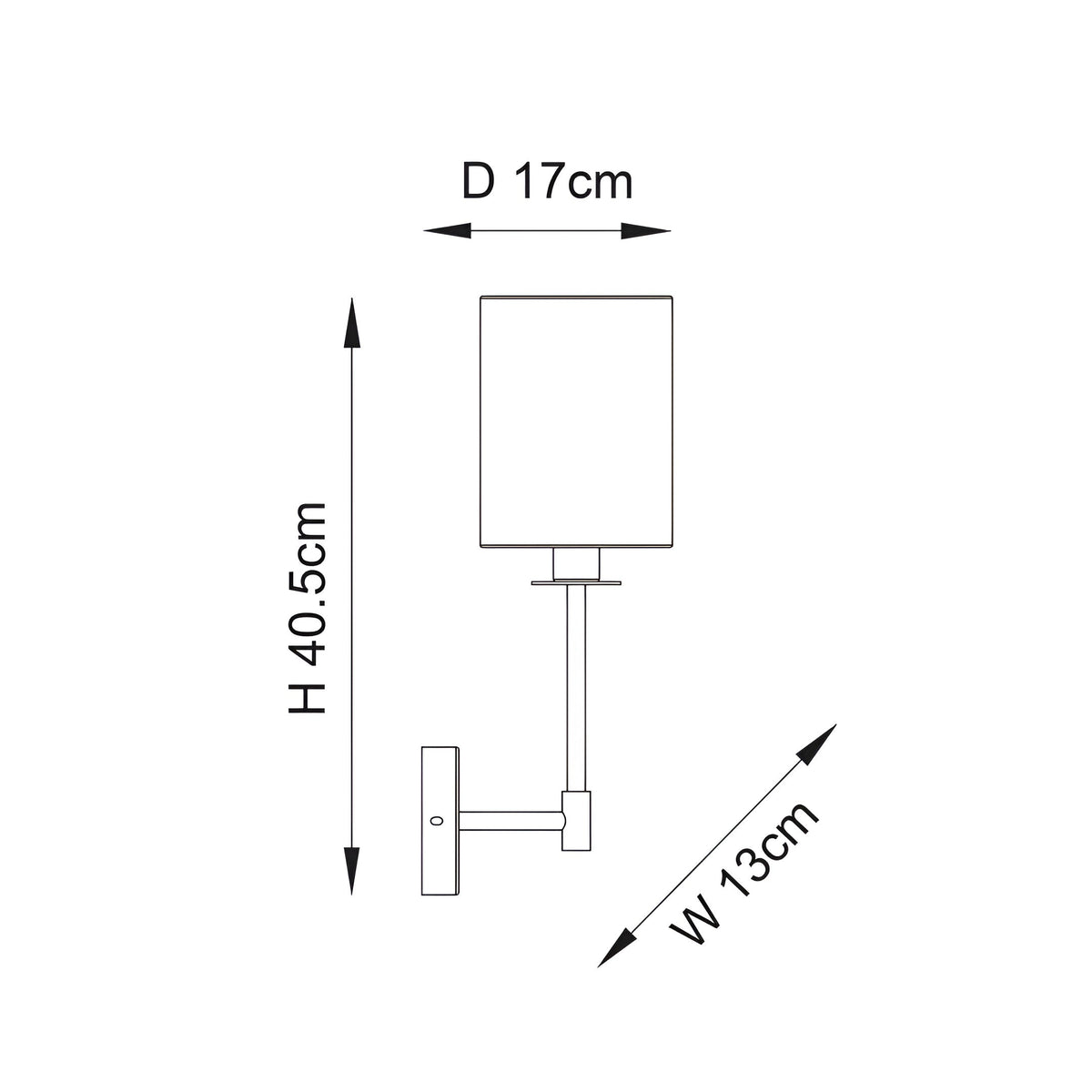 Dimensioned line drawing of Endon Cliffhurst wall light showing 40.5cm height, 17cm depth and 13cm width with cylinder shade on slim upright.