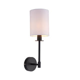 Endon Cliffhurst wall light with a slim matt black upright, round wall plate, and vintage white cylinder fabric shade on a plain background.