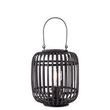Endon Bracken table lamp with dark stained bamboo cage frame, matt black metalwork, arched carry handle and visible filament E27 bulb, on a white background.