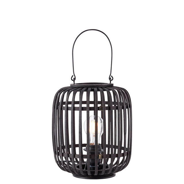 Endon Bracken table lamp with dark stained bamboo cage frame, matt black metalwork, arched carry handle and visible filament E27 bulb, on a white background.