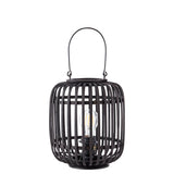 Endon Bracken table lamp in black with an open bamboo cage frame, arched carry handle and visible E27 filament bulb, on a white background.