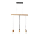 Cranbury 3 Light Linear Pendant with black ceiling mount and natural wood bar, three E27 filament bulbs on black cords, plain white background.