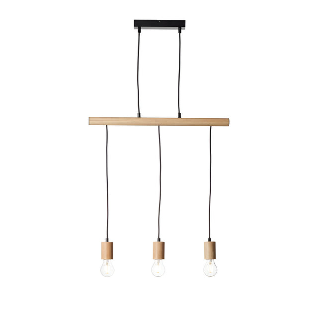 Cranbury 3 Light Linear Pendant with black ceiling mount and natural wood bar, three E27 filament bulbs on black cords, plain white background.