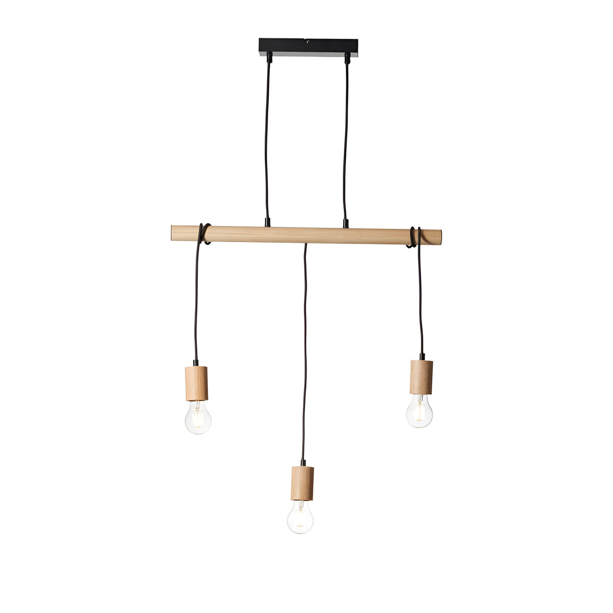 Cranbury 3-Light Linear Pendant with natural wood bar, black ceiling plate, and cable suspension holding three staggered E27 filament bulbs.