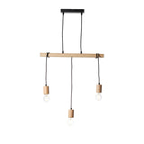 Cranbury 3-Light Linear Pendant with natural wood bar, black ceiling plate, and cable suspension holding three staggered E27 filament bulbs.