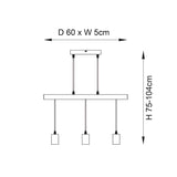 Line drawing of the Cranbury 3 light linear pendant showing black and natural wood bars with three E27 sockets, sized D60 x W5cm, drop 75-104cm.
