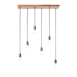 Endon Cliffwell 6 light linear pendant with natural oak plywood bar and six anthracite lampholders on adjustable black flex with exposed filament bulbs.